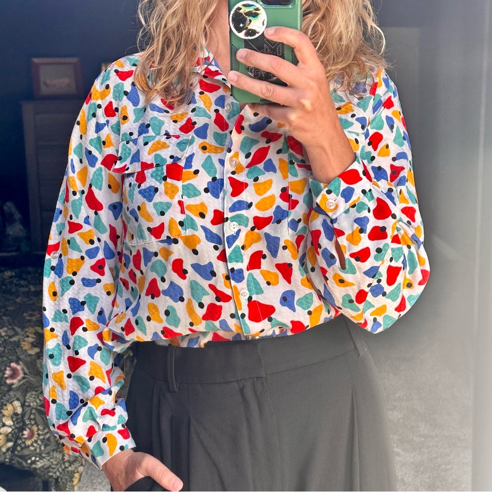 Vintage Women’s Multicolor Abstract Artsy Print Button-Up Blouse